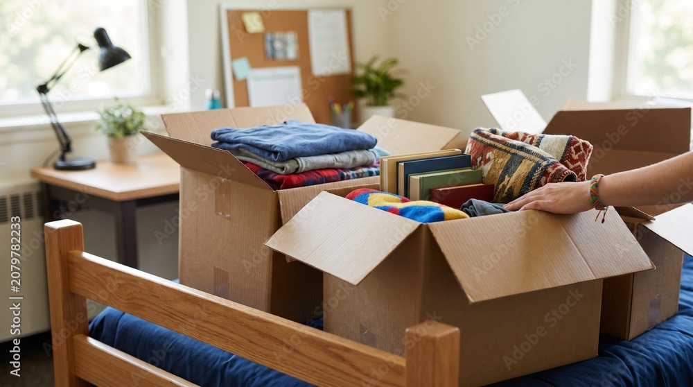 Fototapeta premium College student packing cardboard boxes on bed in dorm room for moving day, young adult preparing for university relocation, lifestyle concept of student life and transition