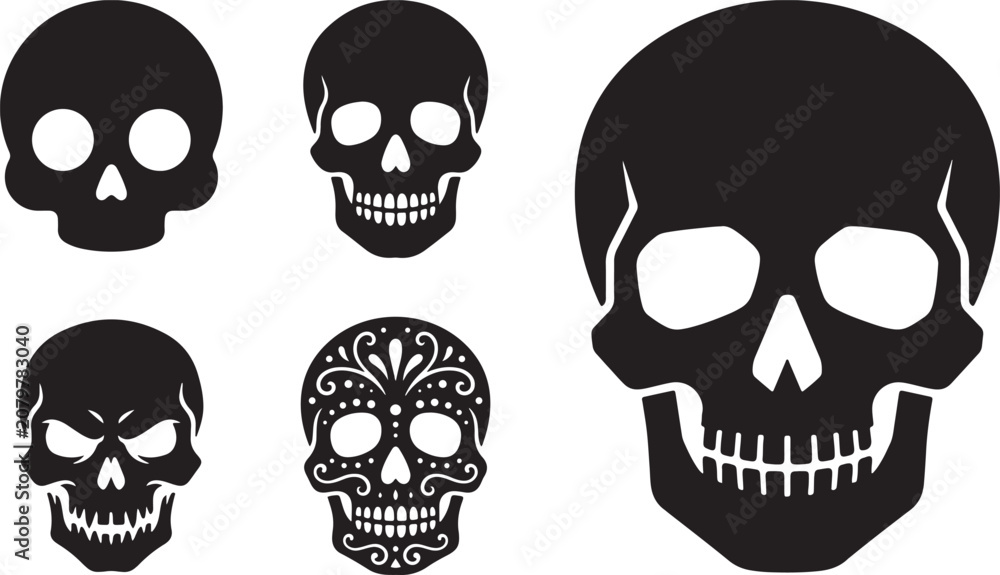 Obraz premium Black and White Skull Illustrations with Various Expressions and Styles