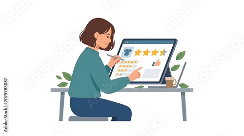 Young woman providing customer feedback and high star rating for online product on a digital tablet