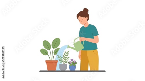 Young Woman Watering Potted House Plants with a Green Watering Can Flat Illustration Isolated on White