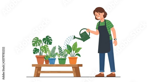 Happy Young Woman in Apron Watering Various Green Potted Houseplants on a Wooden Bench Illustration