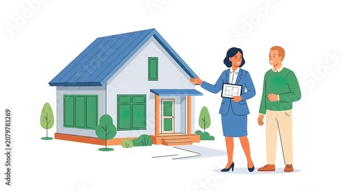 Professional Female Real Estate Agent Showing Modern House Property to Male Buyer with Floor Plan