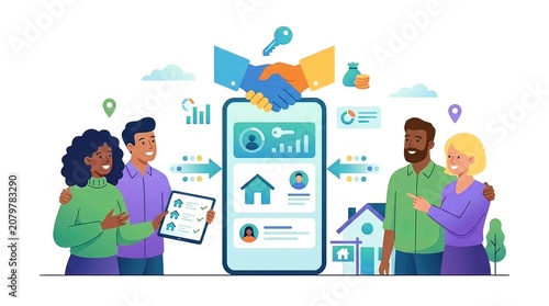 Modern Real Estate Mobile App Concept with Diverse Couples Making a Property Deal and Handshake