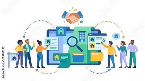 Modern Online Real Estate Platform Concept with Diverse People Searching and Buying New Homes Vector