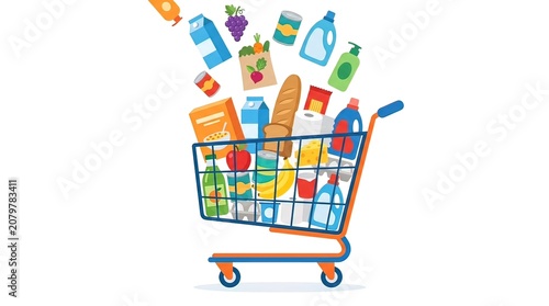 Full Shopping Cart with Groceries and Household Goods Vector Illustration Isolated on White Background