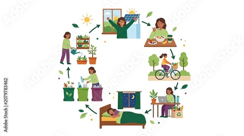 Comprehensive Infographic of a Sustainable Daily Routine Featuring Eco-Friendly Habits and Green Living
