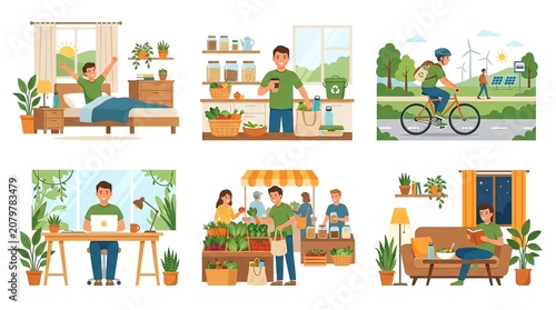 Sustainable Eco-Friendly Lifestyle Daily Routine of a Young Man in Flat Vector Illustration Set