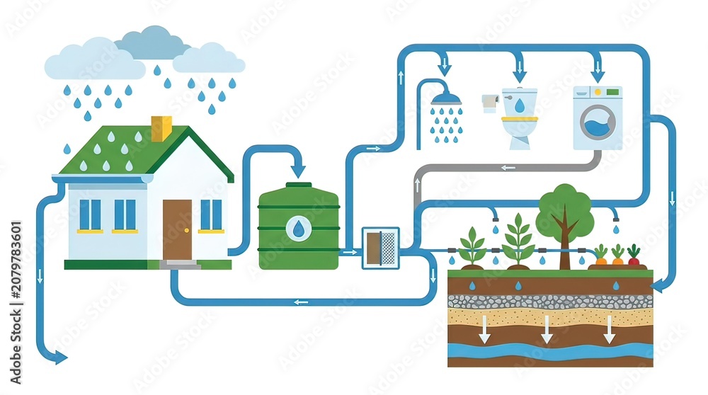 Naklejka premium Sustainable Rainwater Harvesting and Greywater Recycling System for Eco-Friendly Residential House