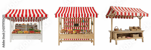 Foto Wooden Market Stall Set with Red and White Striped Awnings, Empty and Fruit Fill