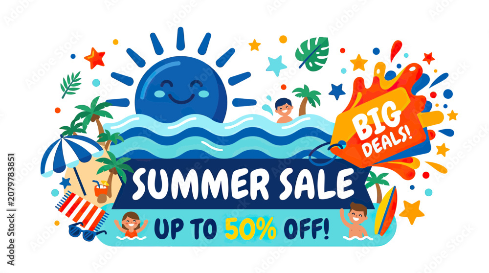 Fototapeta premium Summer Sale Big Deals Up to 50% Off - Happy Sun, Beach, People Swimming, Palm Trees, Surfboard