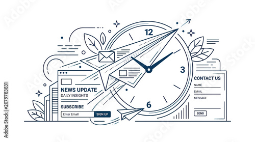 Foto Paper airplane delivering news update with clock and contact form illustration