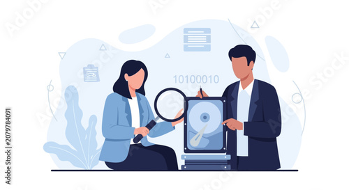 Data analysis illustration: people examining hard drive with magnifying glass and binary code background