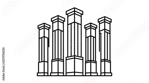 A minimalist black and white line art illustration of five classical architectural columns standing in a row.