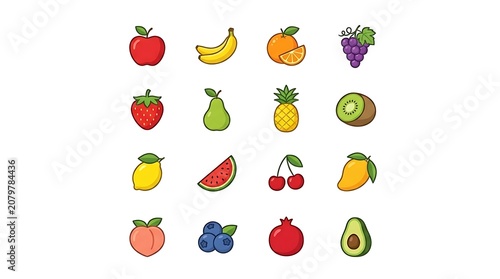 Colorful vector icons of various fruits and berries.