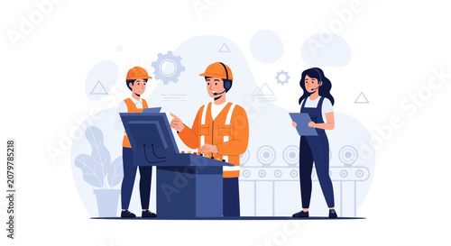 Factory workers in control room operating machinery on production line, industrial automation and teamwork