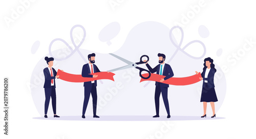 Grand Opening Ceremony: Business People Cutting Red Ribbon with Scissors, Symbolic of New Venture Start
