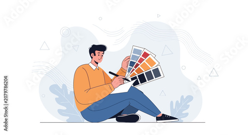 Graphic designer choosing colors from a palette while sitting and drawing on a tablet, modern vector illustration.