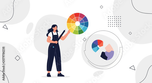 Graphic Designer Working with Color Wheel and Palettes, Creative Process Illustration