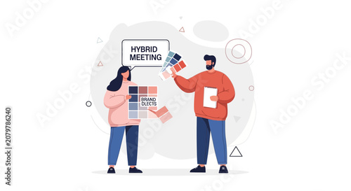 Graphic designers collaborate on hybrid meeting branding with color palettes and mood boards, illustrating teamwork and creative process.