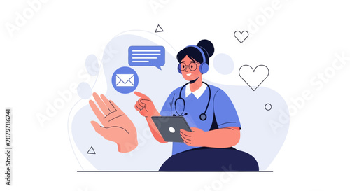 Healthcare professional using tablet for online communication and medical consultation, doctor assisting patient virtually