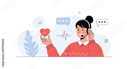 Health Support Operator Holding Heart Symbol with EKG Line, Communication and Care Concept