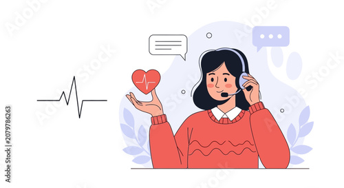 Healthcare Support Agent Holding Heart with ECG Line, Communication and Medical Assistance Concept Illustration