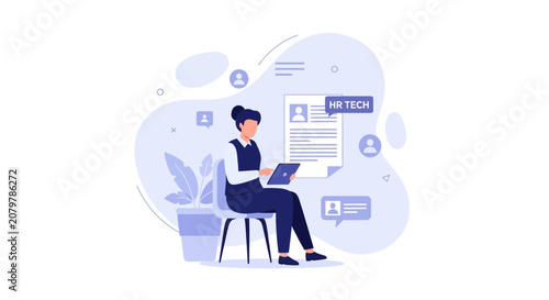 HR Tech Illustration: Woman reviews resume on tablet, symbolizing recruitment, hiring, and human resources innovation.