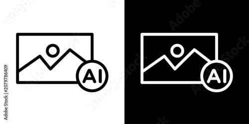 Minimal AI image icon in outline style featuring AI-powered image generation, smart photo processing, visual content creation, and digital innovation.