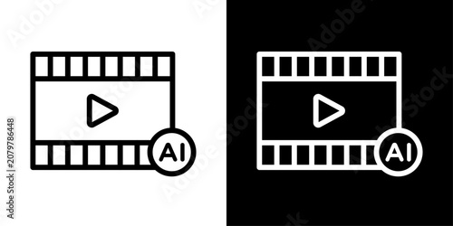 Minimal AI video icon in outline style featuring AI-powered video creation, intelligent media production, digital streaming, and smart content technology.