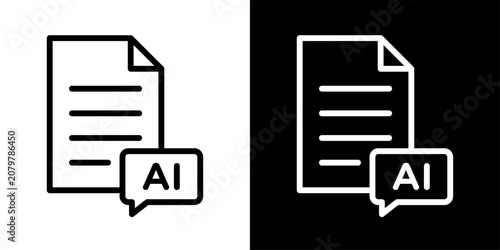 Minimal AI document chat icon in outline style featuring intelligent document processing, AI-powered communication, smart file assistance, and digital automation.