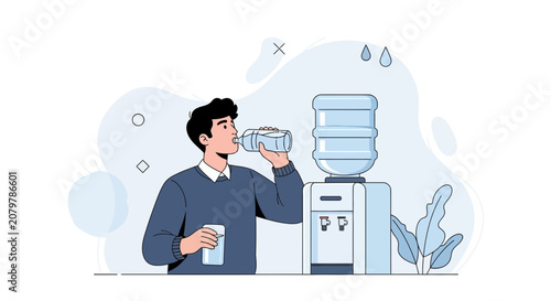 Man drinking water from cooler bottle, office hydration, health and wellness concept, vector illustration.