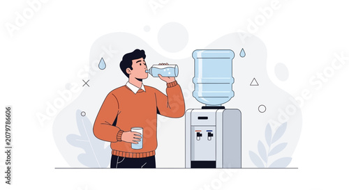 Man drinking water from bottle at office water cooler, modern flat illustration style with abstract shapes
