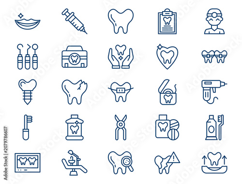 Professional dental care outline collection presents detailed oral health elements. Stomatology concept