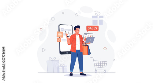 Man Engaged in Online Shopping, Sales Growth, and E-commerce Activities with Mobile and Laptop