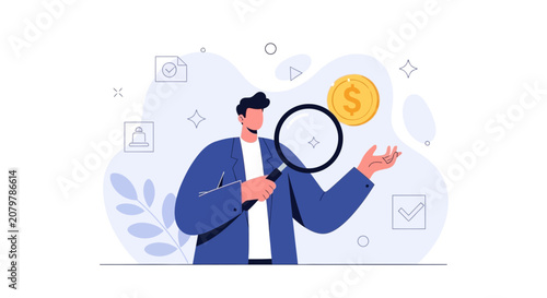Man examining coin with magnifying glass, representing financial analysis, investment, and discovery. Modern flat illustration.