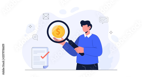Man examining golden dollar coin with magnifying glass, symbolizing financial analysis, investment, and accounting, vector illustration.