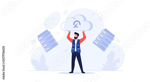 Man Holding Cloud Server Symbol, Representing Cloud Computing and Data Storage Solutions