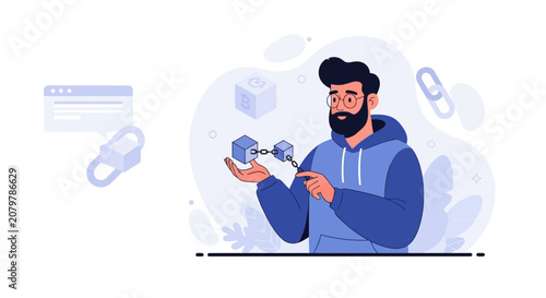 Man holding a blockchain chain with Bitcoin symbol, illustrating cryptocurrency, decentralization, and digital finance concepts.