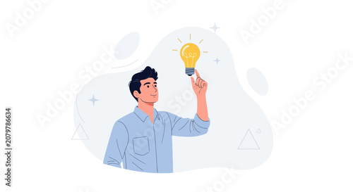 Man Holding Glowing Light Bulb, Symbolizing New Idea, Innovation, and Brainstorming
