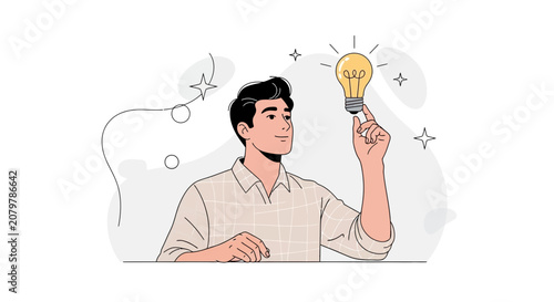 Man Holding a Glowing Light Bulb, Symbolizing Innovation and New Ideas, Modern Flat Illustration Style