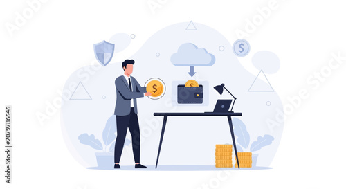 Man holding coin near digital wallet and cloud, representing financial transactions, savings, and online banking security.