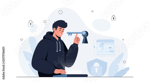 Man holding key to unlock digital security, data protection, and access concept