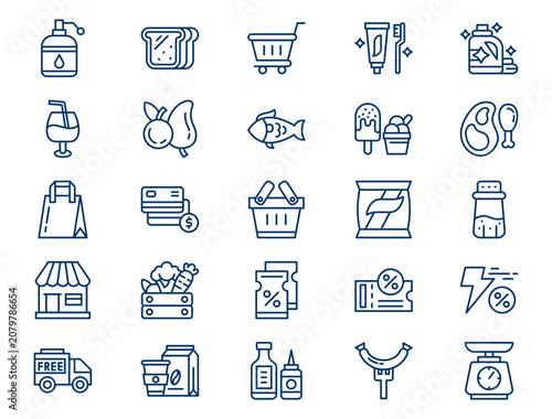 Fresh grocery supermarket outline collection presents detailed retail shopping elements. Everyday concept