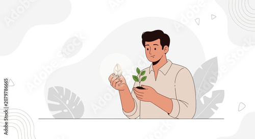 Man holding seedling and leaf, symbolizing growth, nature, and sustainability in a modern flat illustration style.