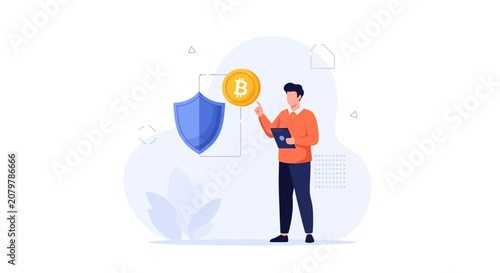 Man Holding Tablet Points to Bitcoin Shield Icon, Symbolizing Cryptocurrency Security and Investment Protection