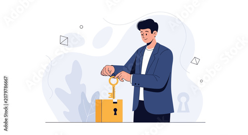 Man Holding Key to Unlock Treasure Chest, Symbolizing Opportunity, Success, and Solutions