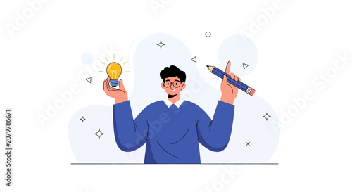 Man Holding Light Bulb and Pencil, Symbolizing Idea Generation and Creativity