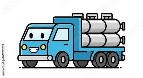 Blue delivery truck with cartoon style illustration.