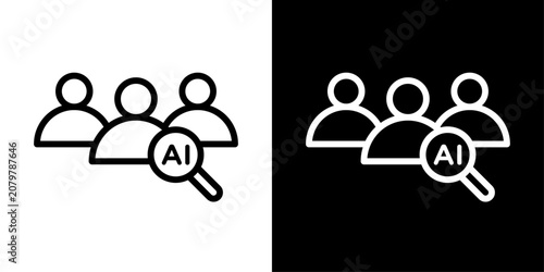 Minimal AI audience analytics icon in outline style featuring intelligent user analysis, customer insights, smart audience targeting, and AI technology.