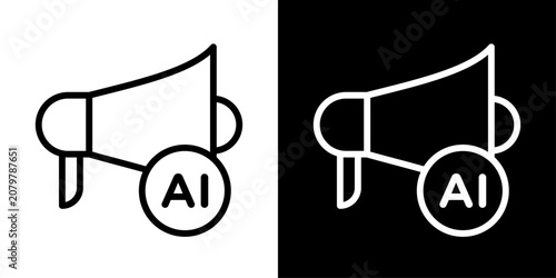 Minimal AI megaphone icon in outline style featuring AI-powered marketing, digital advertising, intelligent promotion, and smart communication.